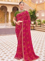 Deep Pink Georgette Chiffon Bandhani Print Saree